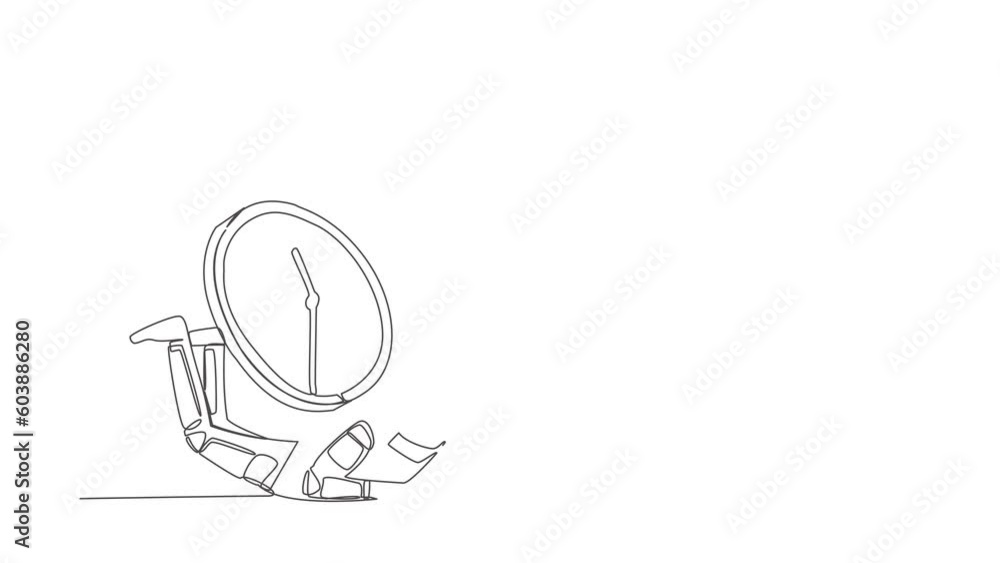Poster animated self drawing of continuous one line draw of astronaut under wall clock burden. spaceman exp