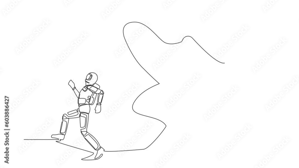 Poster animated self drawing of continuous line draw astronaut run away from stomping foot. spaceman oppres
