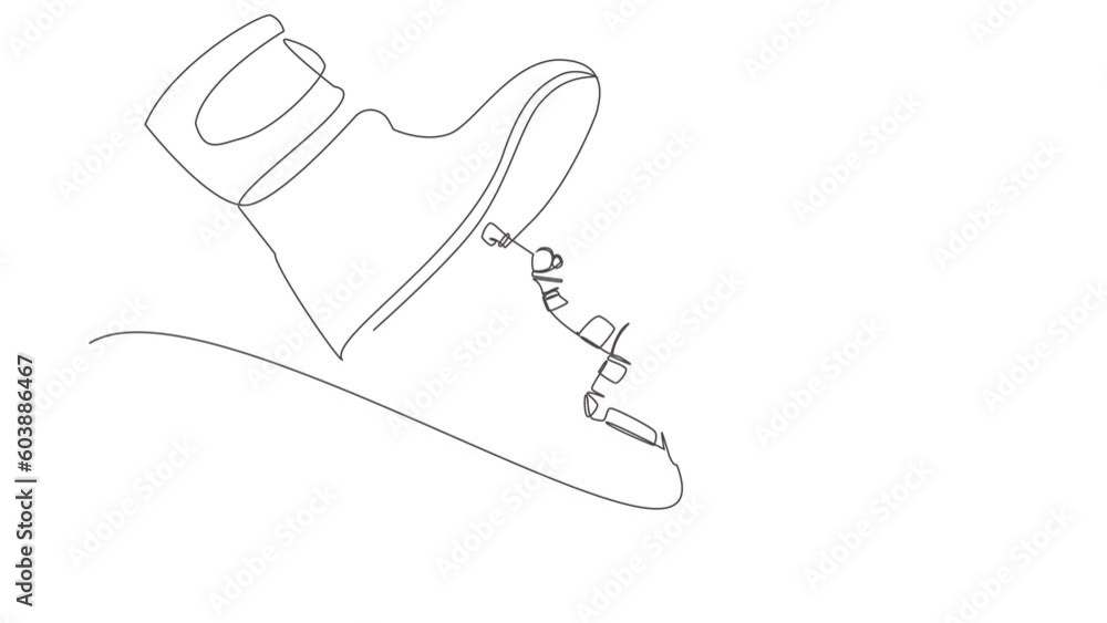 Poster animated self drawing of continuous line draw astronaut flying with jetpack against giant shoes stom