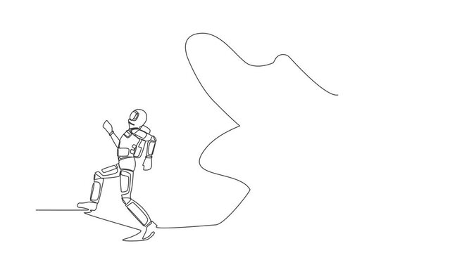 Animated self drawing of continuous line draw astronaut run away from stomping foot. Spaceman oppressed by boss with under big shoe. Cosmonaut outer space concept. Full length single line animation
