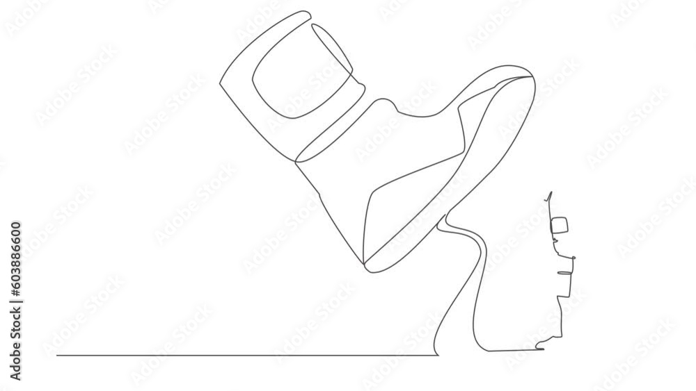 Poster animated self drawing of continuous line draw young astronaut facing against giant shoes stomping. s