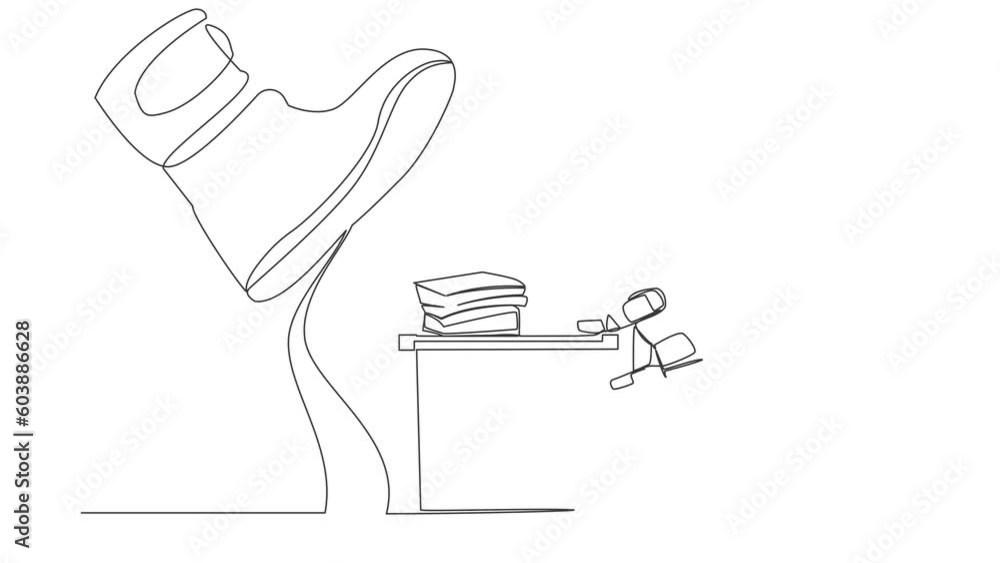 Poster self drawing animation of single line draw astronaut sleeping on pile of paper on desk under big foo