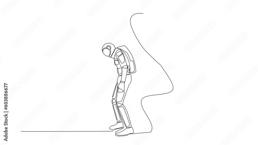 Poster self drawing animation of single one line draw astronaut standing weak under boot shoe, being fired 