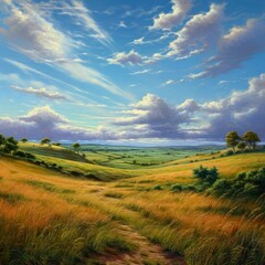 Fototapeta premium Grass, rolling hills, clouds, valley, peaceful, field 