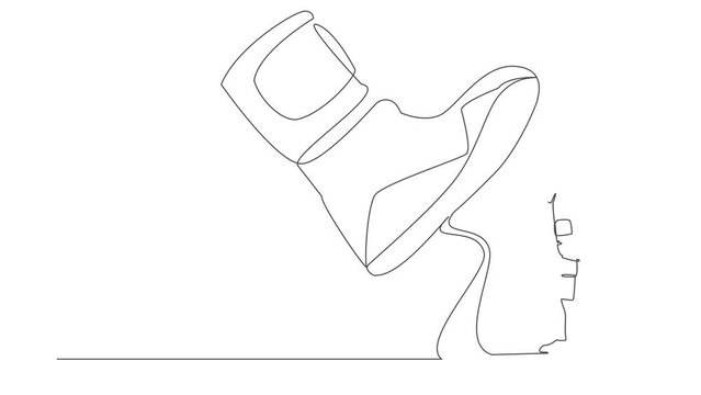 Animated self drawing of continuous line draw young astronaut facing against giant shoes stomping. Spaceman pointing against giant foot step. Cosmonaut outer space. Full length single line animation