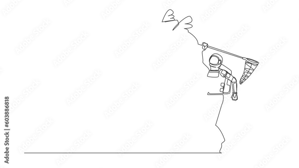 Poster self drawing animation of single line draw astronaut try to catching flying wallet with net. losing 