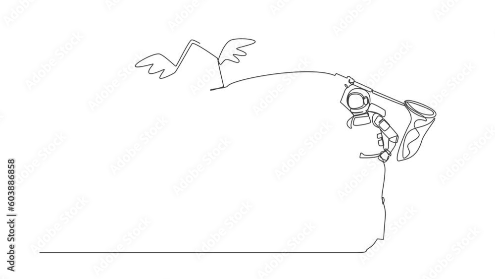 Poster animated self drawing of continuous line draw young astronaut try to catching flying house with butt