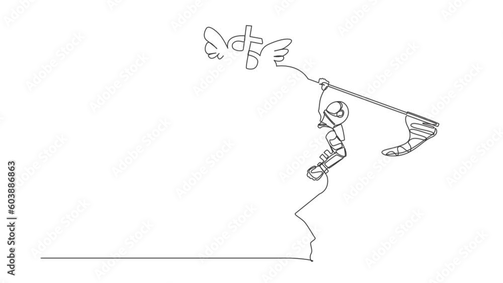 Poster animated self drawing of continuous line draw astronaut try to catching flying dollar sign symbol wi