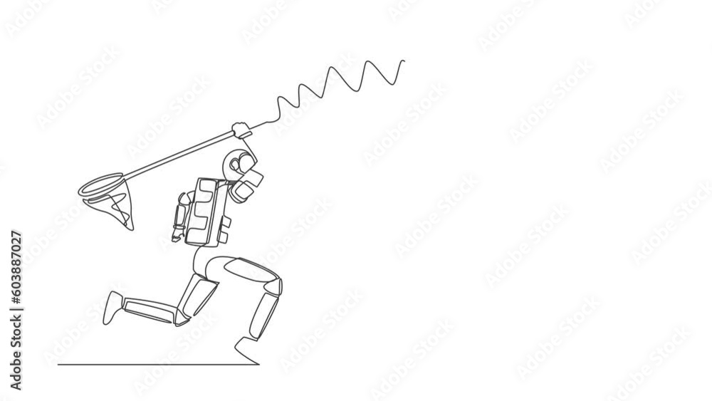 Poster animated self drawing of continuous line draw of astronaut try to catching flying mail with butterfl