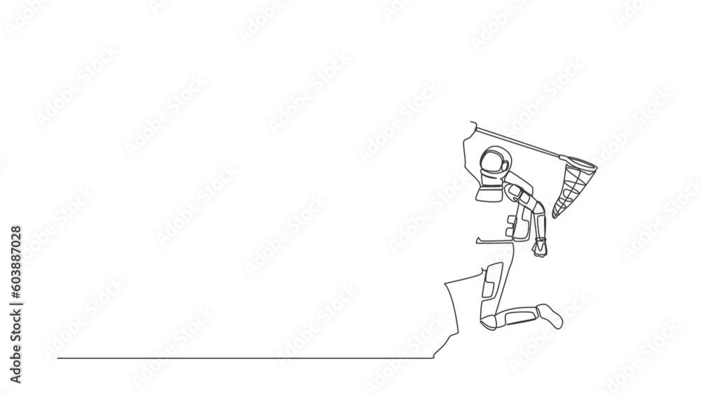 Poster animated self drawing of continuous line draw astronaut try to catching flying heart with butterfly 