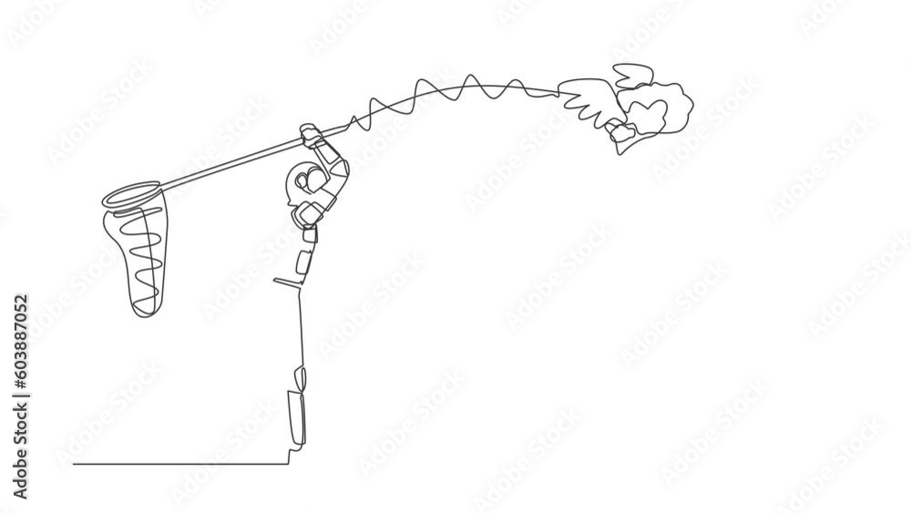 Poster self drawing animation of single line draw astronaut try to catch flying brain with net. idea from s