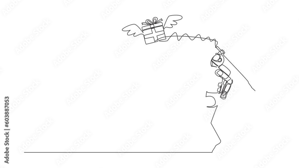 Poster animated self drawing of continuous line draw astronaut try to catching flying gift box with butterf