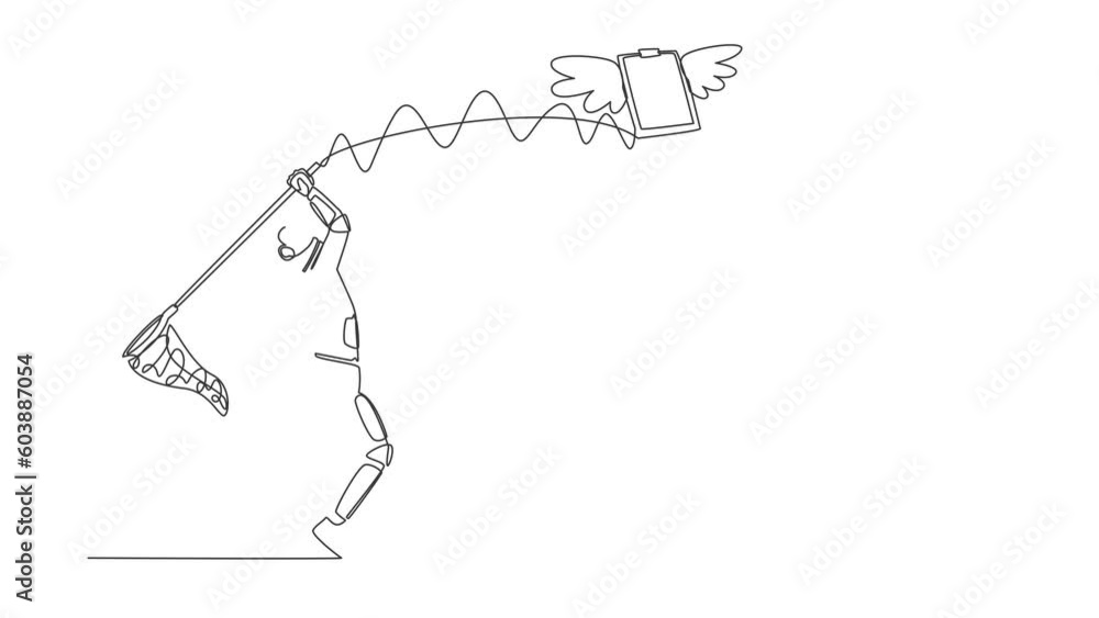 Poster animated self drawing of continuous line draw astronaut try to catching flying clipboard with butter