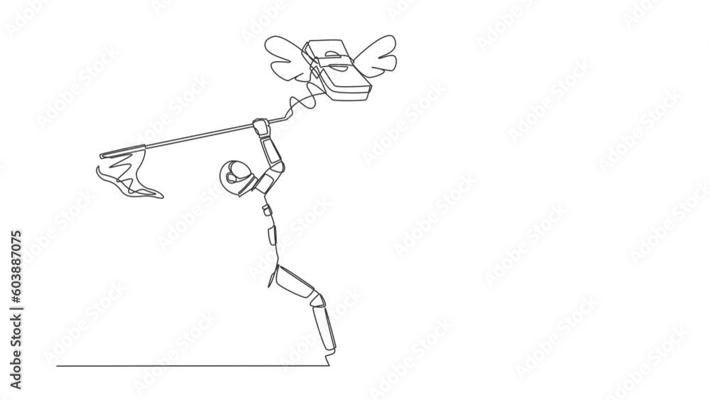 Poster animated self drawing of continuous line draw astronaut try to catching flying hourglass with butter