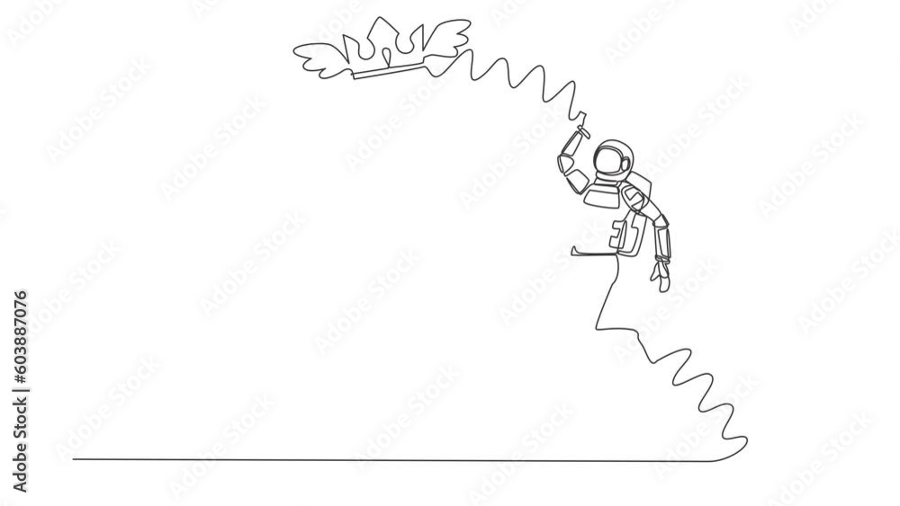Poster self drawing animation of single line draw astronaut try to catching flying crown with butterfly net