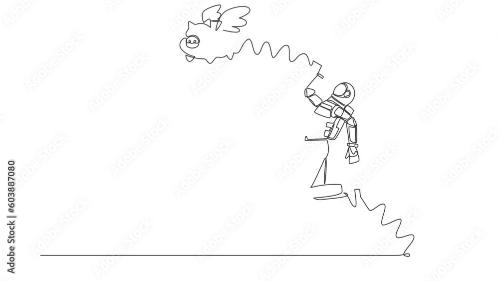 Poster animated self drawing of continuous line draw astronaut try to catching flying piggy bank with net. 