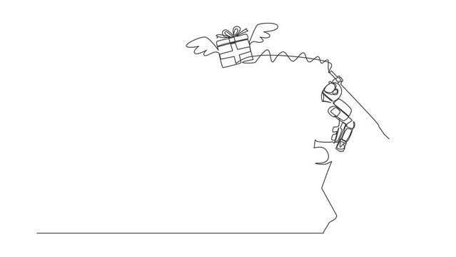 Animated self drawing of continuous line draw astronaut try to catching flying gift box with butterfly net. Winged package from other galaxy. Cosmonaut outer space. Full length single line animation