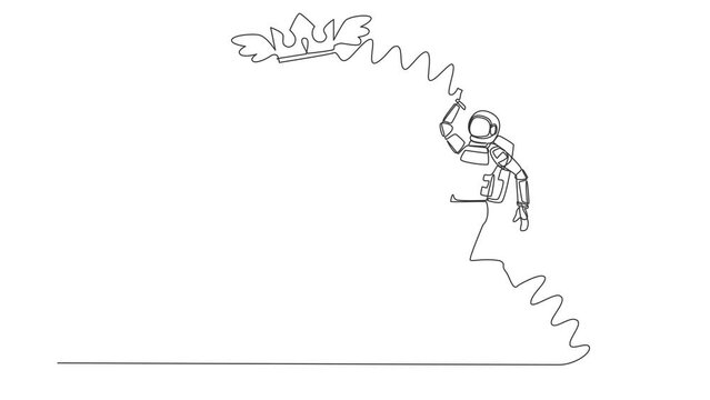 Self drawing animation of single line draw astronaut try to catching flying crown with butterfly net. Royal and luxury outer galaxy kingdom. Cosmic galaxy space. Continuous line. Full length animated