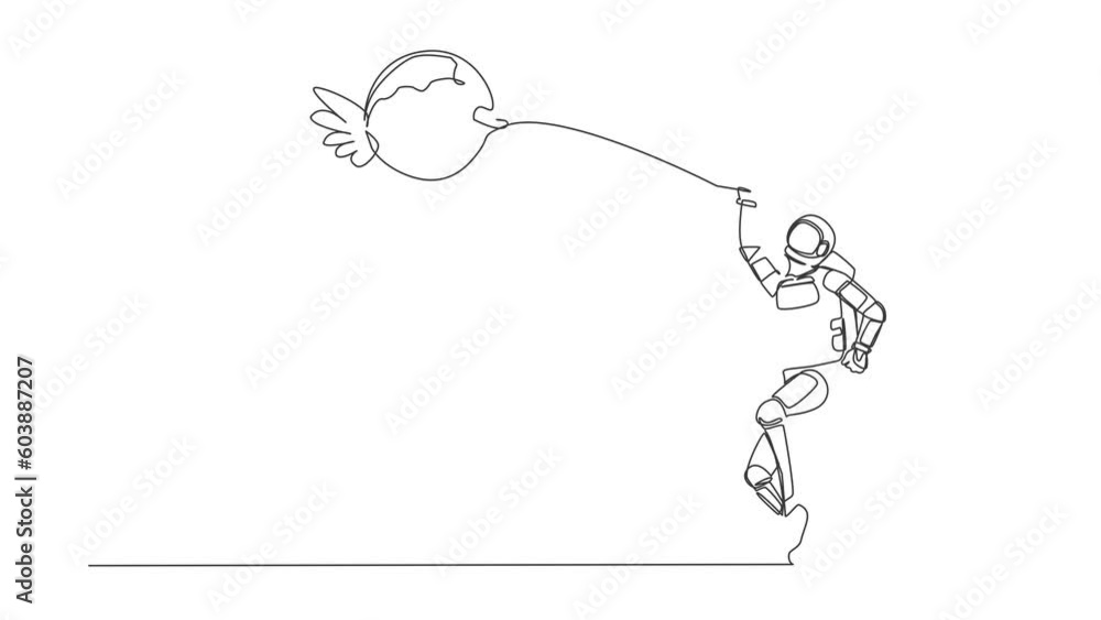 Poster animated self drawing of continuous line draw young astronaut try to catching flying globe with net.