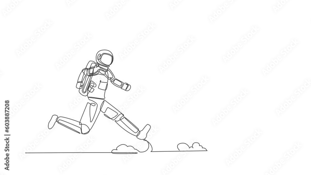 Poster animated self drawing of continuous line draw of astronaut run chasing hourglass in moon surface. ti