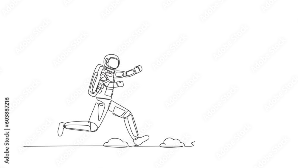 Poster self drawing animation of single line draw of astronaut run chasing textbook for learning in moon su