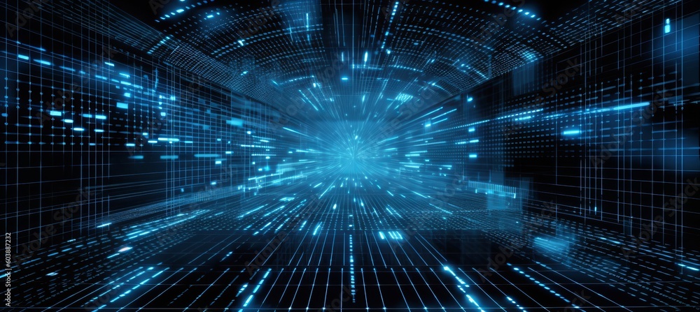 Leinwandbilder futuristic network virtual space technology background. blue light burst motion effect. generative a