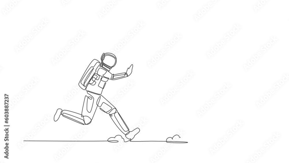 Poster animated self drawing of continuous line draw astronaut run chasing clipboard in moon surface. space