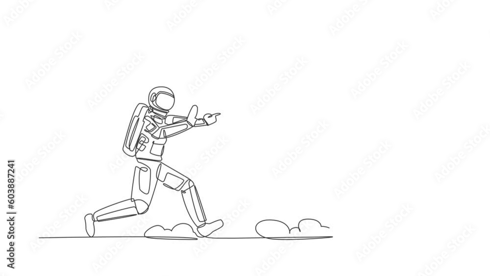 Poster self drawing animation of single line draw astronaut running chasing briefcase in moon surface. huge