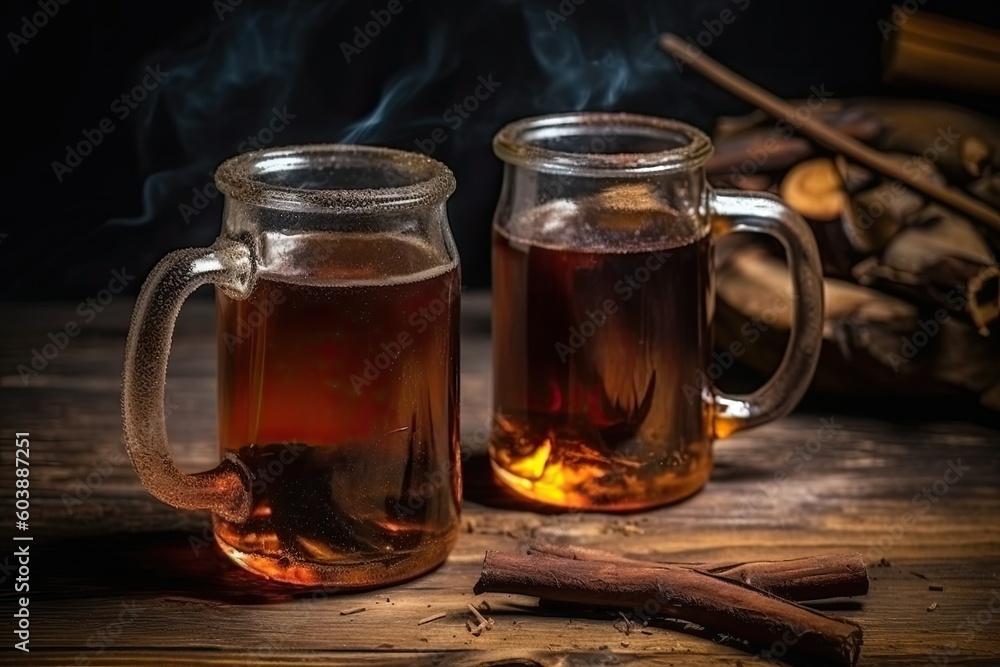 Poster two steaming cups of tea on a rustic wooden table generative ai