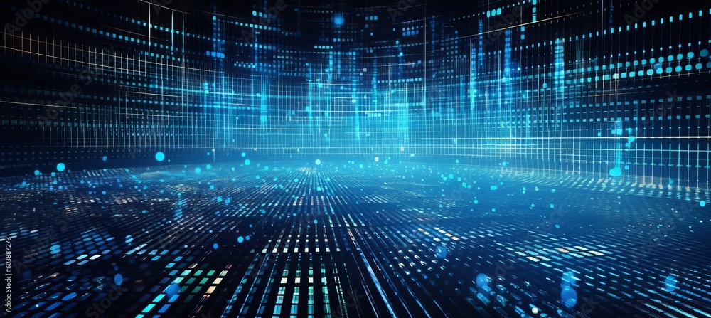 Poster Blue network system virtual space technology background. Generative AI technology.	