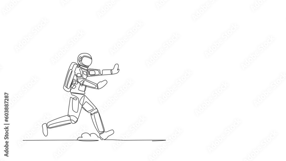Poster animated self drawing of continuous line draw astronaut run chase dollar coin in moon surface. explo