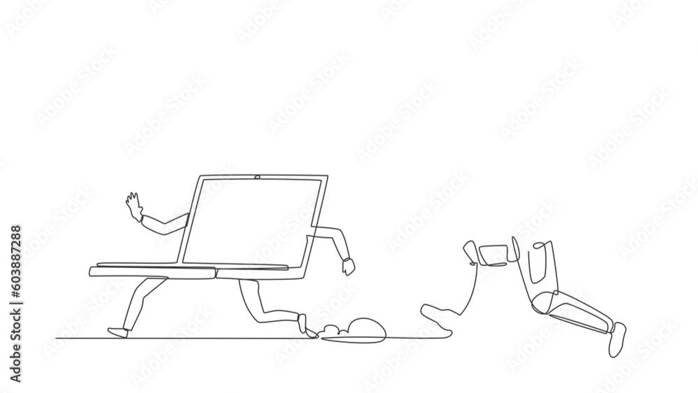 Poster self drawing animation of single line draw astronaut run chase laptop in moon surface. spacecraft te