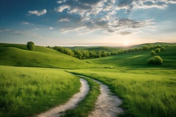 Fototapeta na wymiar landscape with grass road on field blue sky