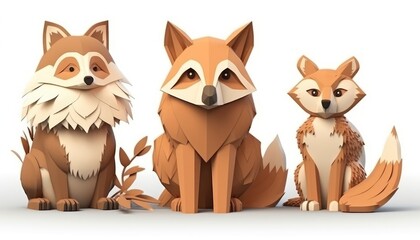 The safari animal set features a 3D-style fox, raccoon, and owl, isolated. (Generative AI)