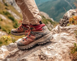 A leather hiking boot created a close-up of a trail hiker. (Generative AI)