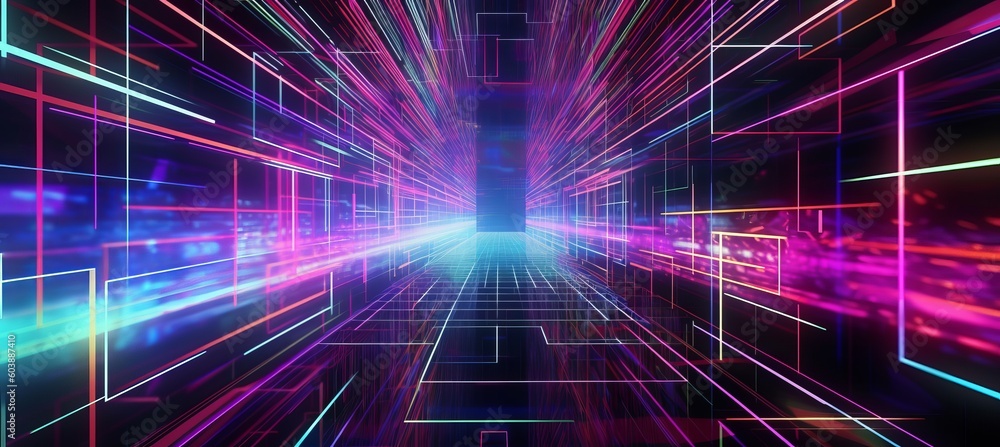 Poster colorful glow cyber gate virtual space technology background. neon light burst motion effect. genera