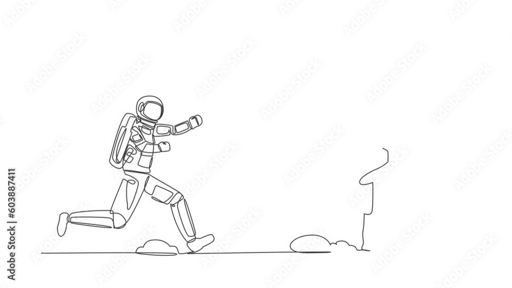 Poster animated self drawing of continuous line draw young astronaut run chasing house in moon surface. pri