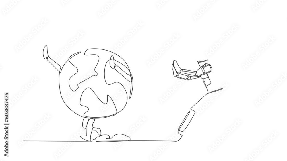 Poster animated self drawing of continuous line draw astronaut run chasing globe in moon surface. space tri