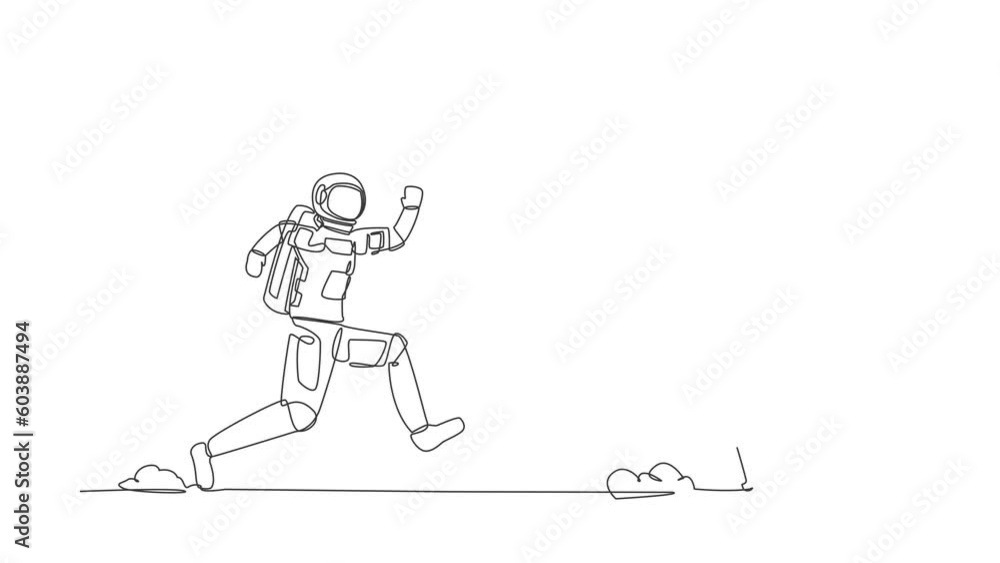 Poster self drawing animation of single line draw astronaut run chasing shield in moon surface. security fo
