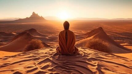 Fototapeta na wymiar Sitting and meditating in the desert for spiritual awakening. (Generative AI)