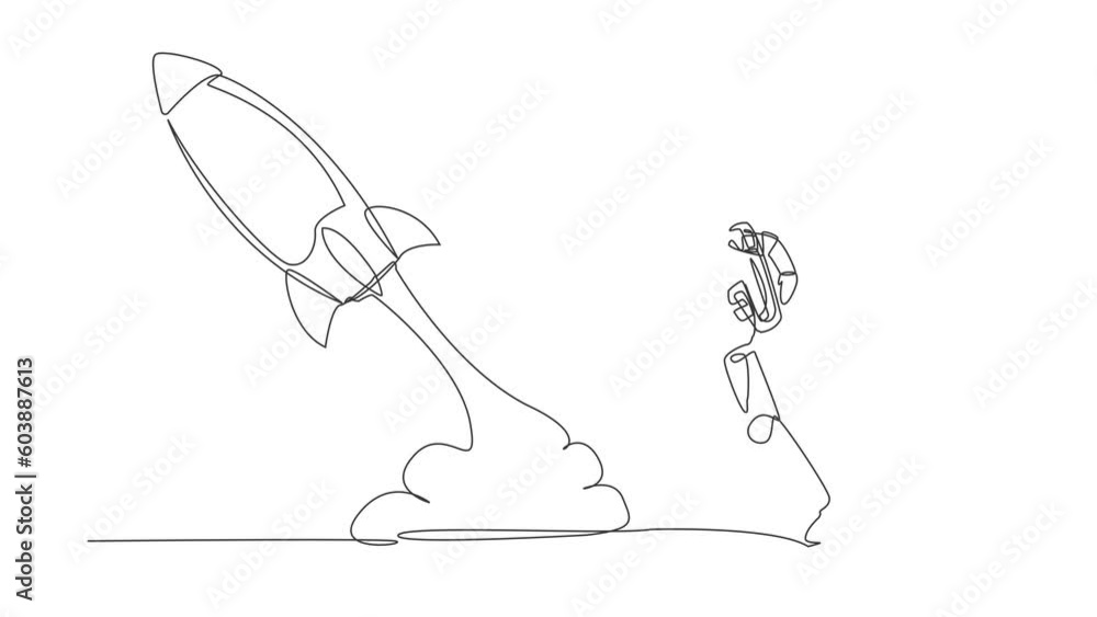 Poster animated self drawing of continuous one line draw astronaut run chasing rocket take off in moon surf