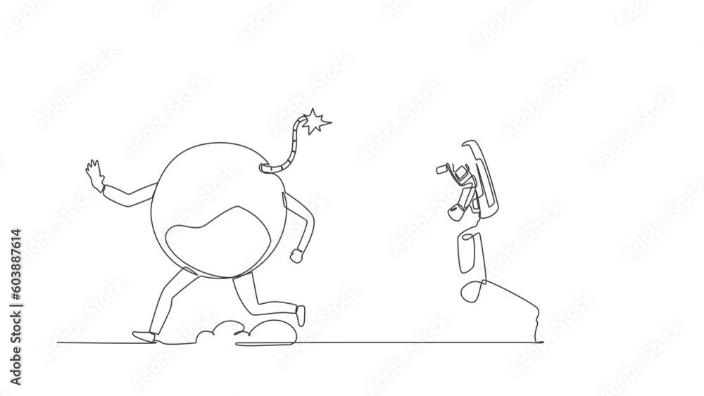 Poster animated self drawing of continuous line draw astronaut run chasing bomb in moon surface. closed spa
