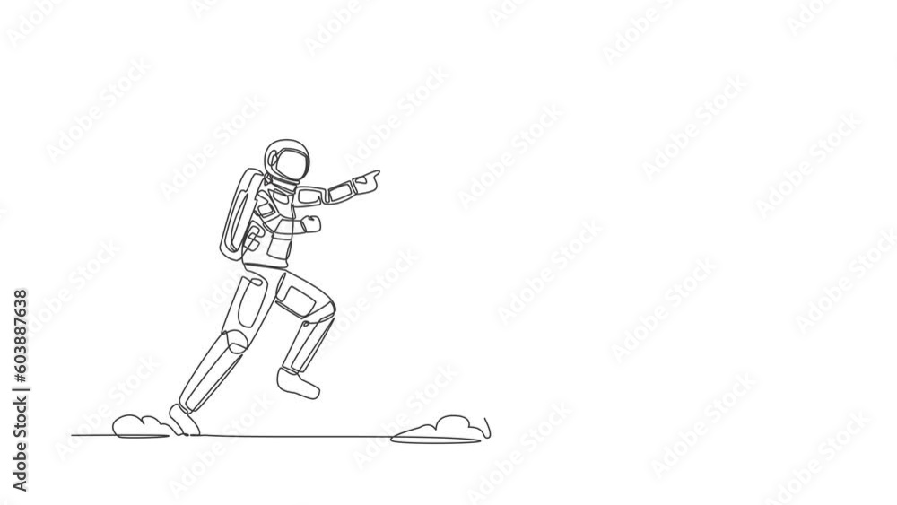 Poster animated self drawing of continuous line draw young astronaut run chase clock time in moon surface. 