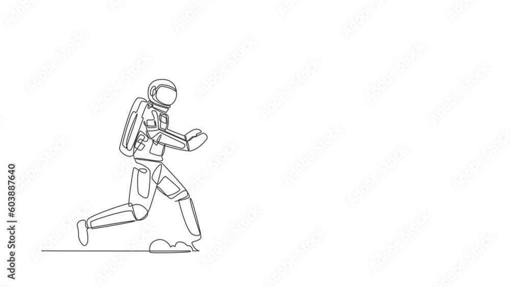 Poster animated self drawing of continuous line draw astronaut run chasing light bulb in moon surface. inno