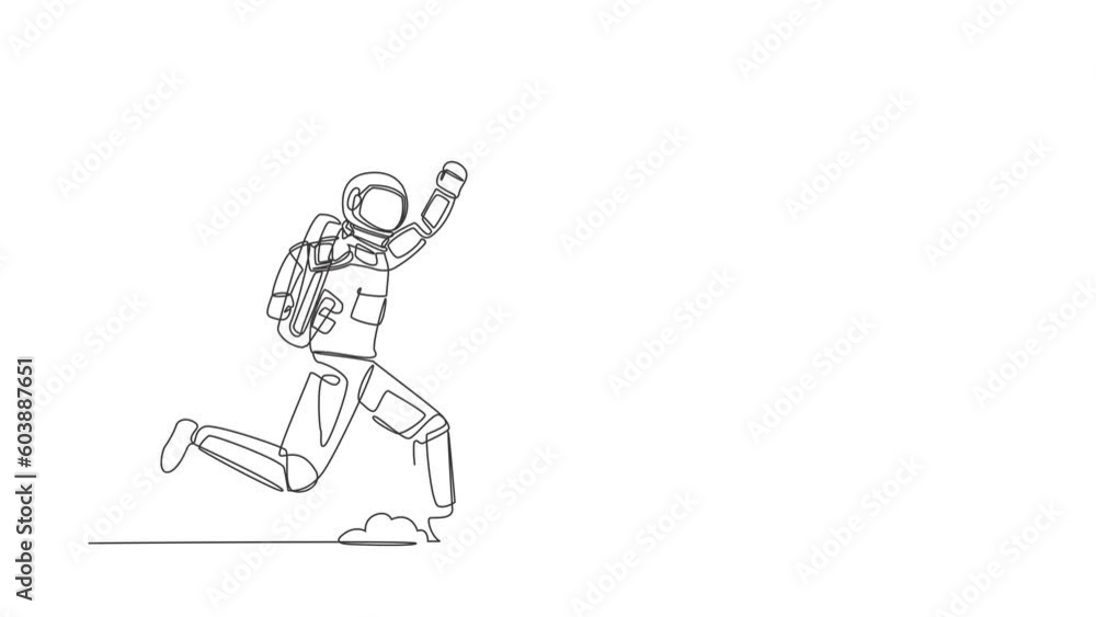Poster animated self drawing of continuous line draw young astronaut run chasing paper cup in moon surface.