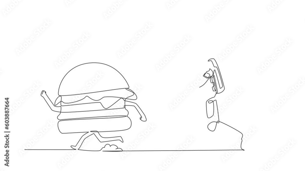 Poster animated self drawing of continuous line draw young astronaut run chasing hamburger in moon surface.