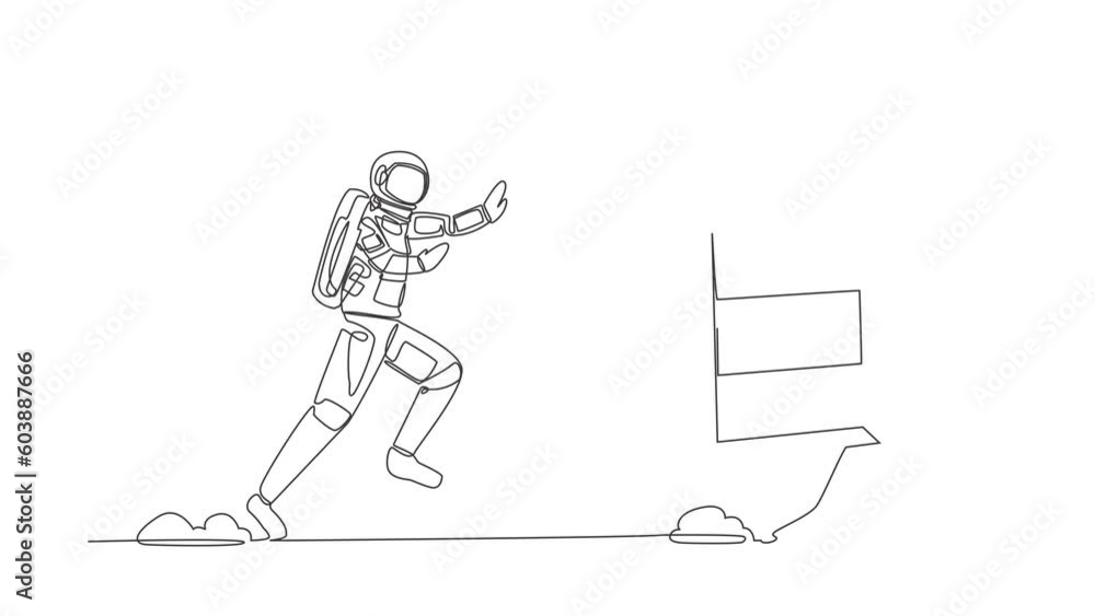 Poster self drawing animation of single line draw of astronaut run chasing safe deposit box in moon surface