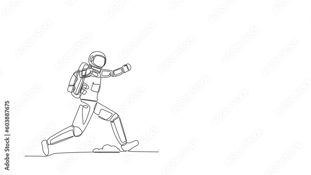 Poster animated self drawing of continuous line draw astronaut run chasing smartphone in moon surface. comm