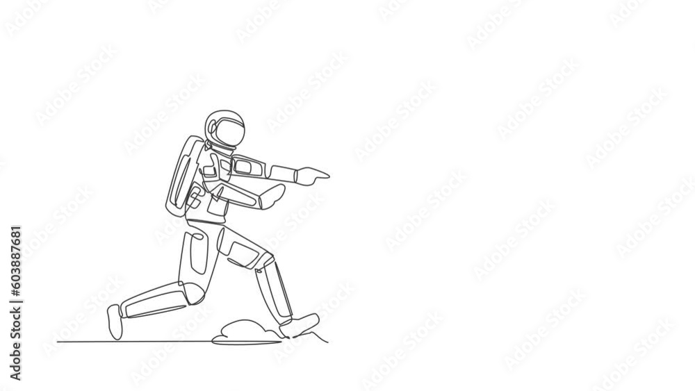 Poster self drawing animation of single line draw astronaut run chase coffee cup in moon surface. enjoying 