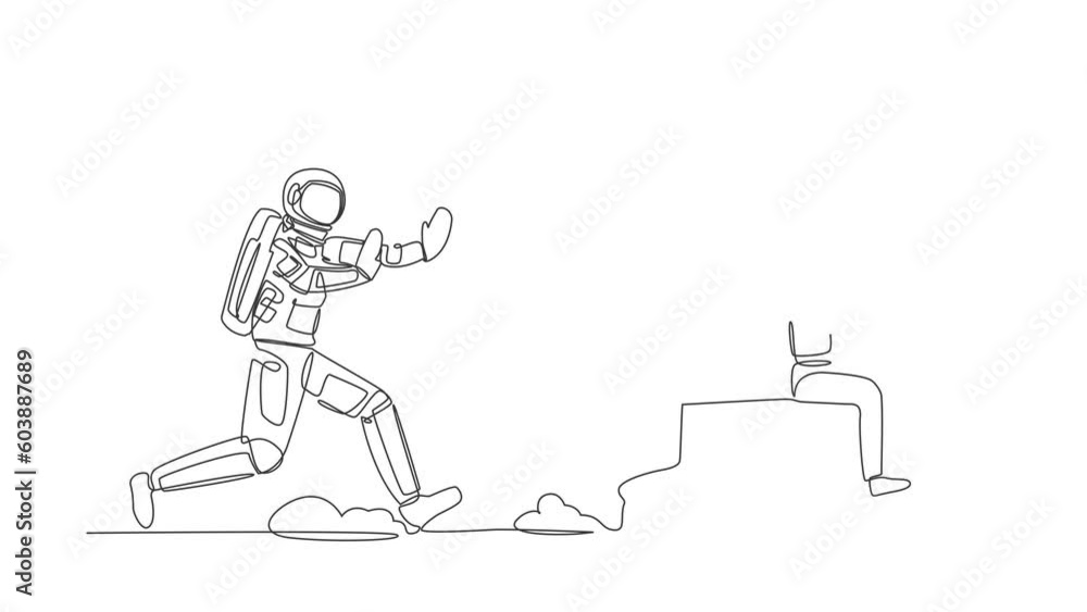 Poster self drawing animation of single line draw astronaut run chasing calculator in moon surface. calcula
